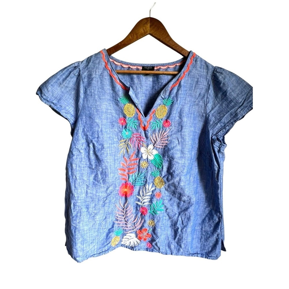 Talbots Plus Embroidered Linen Blend Top Size 1X Chambray Tropical Coastal Boho